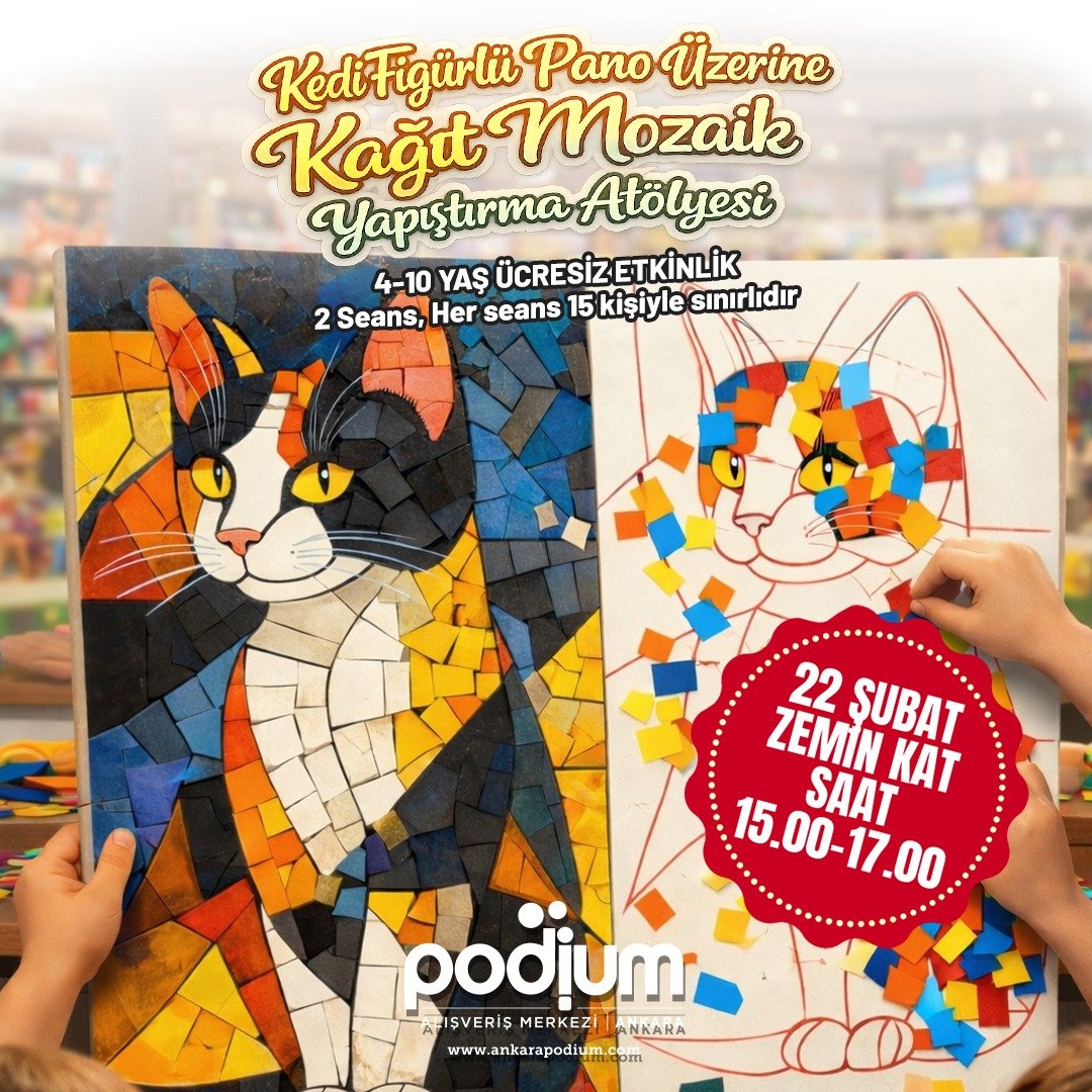 Kedi Figürlü Pano Üzerine Kağıt Mozaik Yapıştırma Atölyesi - Ankara Podium AVM